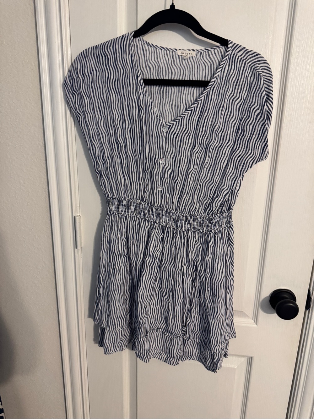 JODIFL Navy and White Striped V-Neck Smocked Waist Tunic